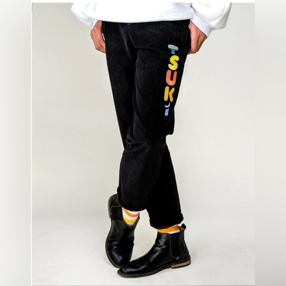 Tsuki Black Corduroy Pants back waist elastic colorful embroidered 26 cotton - Picture 1 of 10
